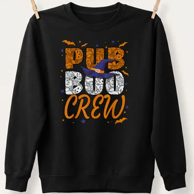 Colorful cartoon Halloween design with witch hat and 'PUB BOO CREW' text. — printed on a unisex sweatshirt