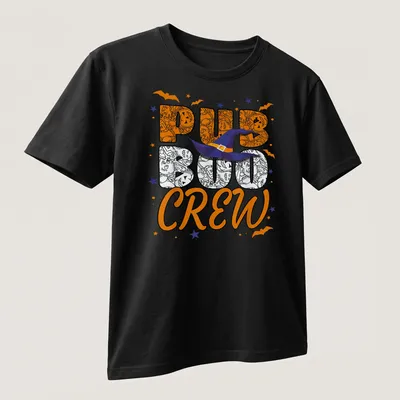 Colorful cartoon Halloween design with witch hat and 'PUB BOO CREW' text. — printed on a unisex t-shirt (angled view)
