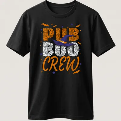 Colorful cartoon Halloween design with witch hat and 'PUB BOO CREW' text.