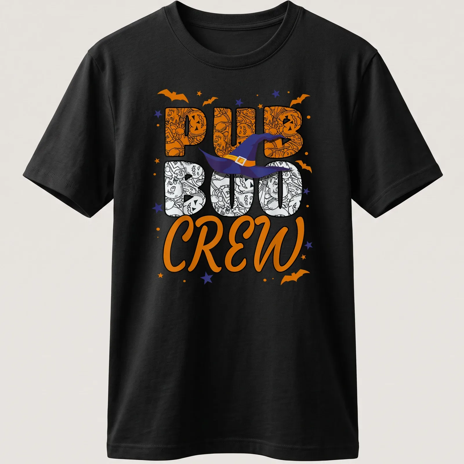 Colorful cartoon Halloween design with witch hat and 'PUB BOO CREW' text. — printed on a unisex t-shirt