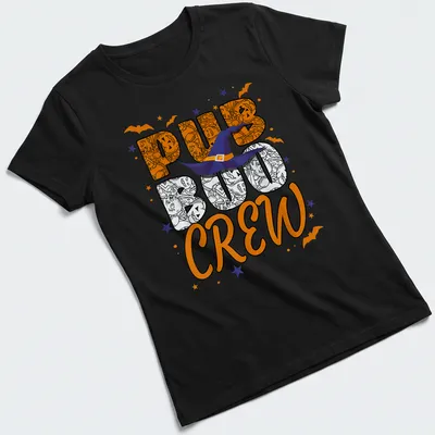 Colorful cartoon Halloween design with witch hat and 'PUB BOO CREW' text. — printed on a women's shirt