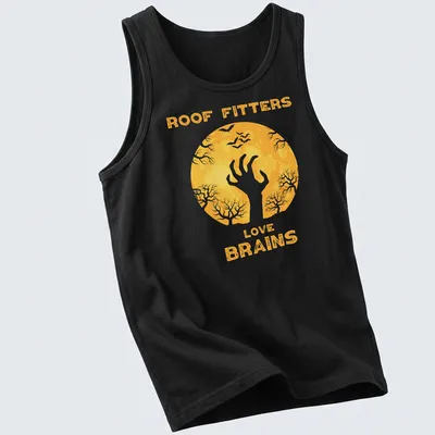 Whimsical zombie hand graphic with text 'Roof Fitters Love Brains' in yellow, white, and black. — printed on a tank top