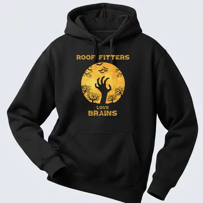 Whimsical zombie hand graphic with text 'Roof Fitters Love Brains' in yellow, white, and black. — printed on a unisex hoodie