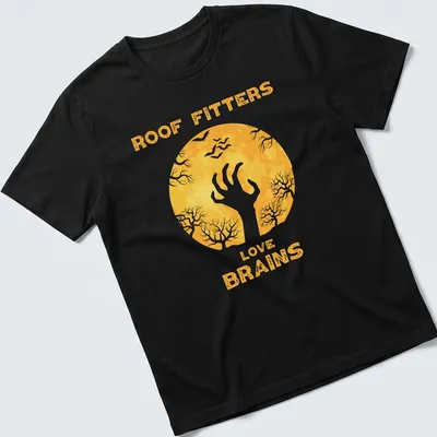 Whimsical zombie hand graphic with text 'Roof Fitters Love Brains' in yellow, white, and black.