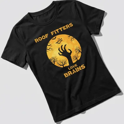 Whimsical zombie hand graphic with text 'Roof Fitters Love Brains' in yellow, white, and black. — printed on a women's shirt