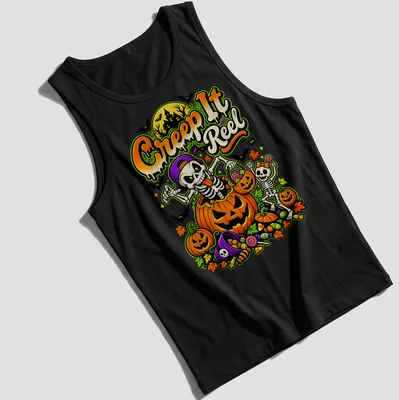 Colorful cartoon design of skeletons with pumpkins and candy on a Halloween — printed on a tank top