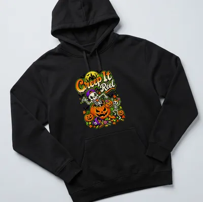 Colorful cartoon design of skeletons with pumpkins and candy on a Halloween — printed on a unisex hoodie