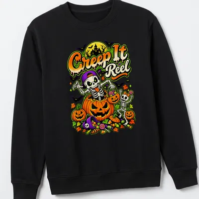Colorful cartoon design of skeletons with pumpkins and candy on a Halloween — printed on a unisex sweatshirt