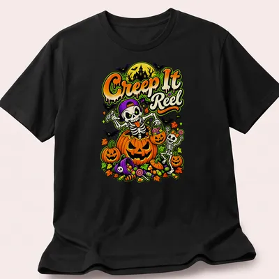 Colorful cartoon design of skeletons with pumpkins and candy on a Halloween t-shirt