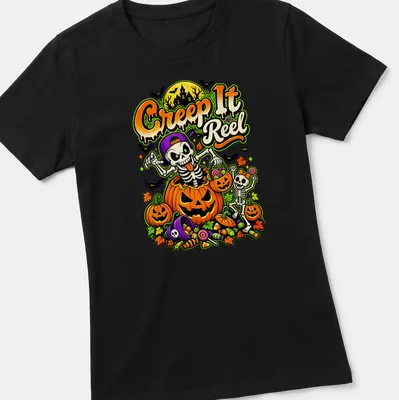 Colorful cartoon design of skeletons with pumpkins and candy on a Halloween — printed on a women's shirt
