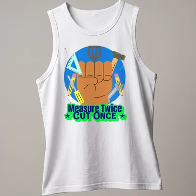 Colorful cartoon design of hand tools with text Measure Twice CUT ONCE — printed on a tank top