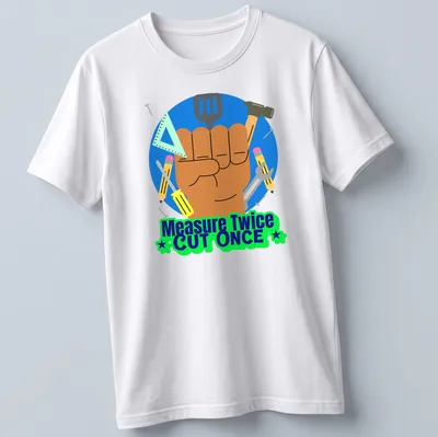 Colorful cartoon design of hand tools with text Measure Twice CUT ONCE