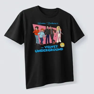 Cartoon illustration of Hanna-Barbera's The Velvet Underground and Nico characters — printed on a unisex t-shirt (angled view)