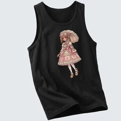 Anime illustration of a Harajuku Lolita girl with an umbrella in pink and beige tones — printed on a tank top