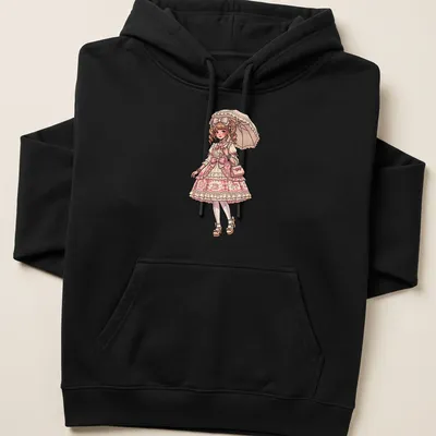 Anime illustration of a Harajuku Lolita girl with an umbrella in pink and beige tones — printed on a unisex hoodie
