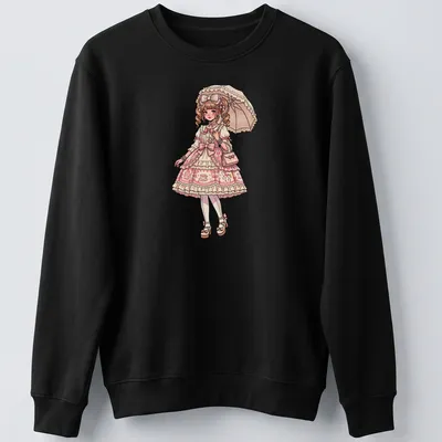 Anime illustration of a Harajuku Lolita girl with an umbrella in pink and beige tones — printed on a unisex sweatshirt