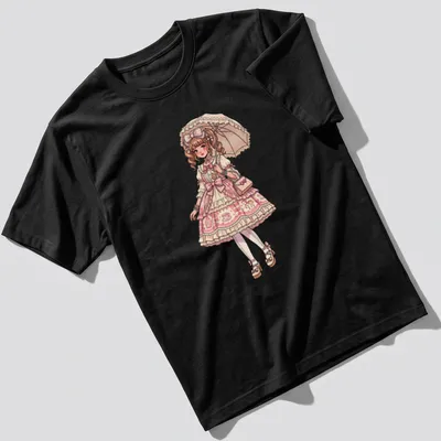 Anime illustration of a Harajuku Lolita girl with an umbrella in pink and beige tones
