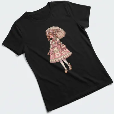 Anime illustration of a Harajuku Lolita girl with an umbrella in pink and beige tones — printed on a women's shirt