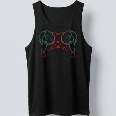 Bold graphic of a harlequin hat in red, teal, and white colors — printed on a tank top