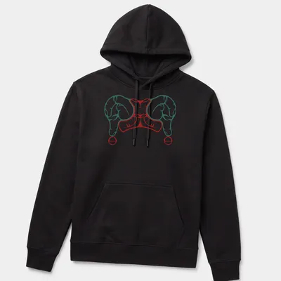 Bold graphic of a harlequin hat in red, teal, and white colors — printed on a unisex hoodie