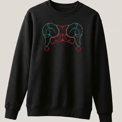 Bold graphic of a harlequin hat in red, teal, and white colors — printed on a unisex sweatshirt