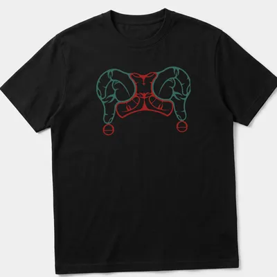 Bold graphic of a harlequin hat in red, teal, and white colors