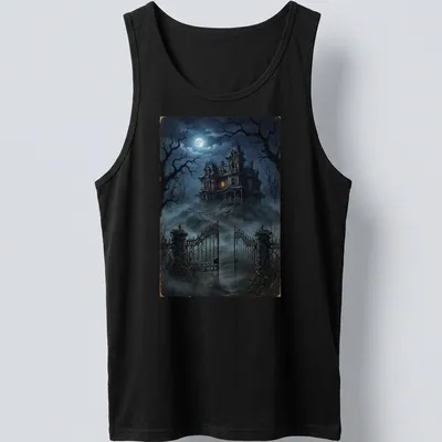 Dark fantasy haunted house illustration with moonlight in blue and orange hues — printed on a tank top
