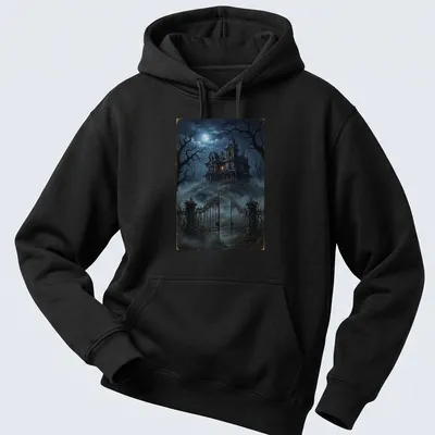 Dark fantasy haunted house illustration with moonlight in blue and orange hues — printed on a unisex hoodie