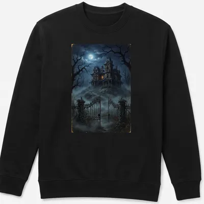 Dark fantasy haunted house illustration with moonlight in blue and orange hues — printed on a unisex sweatshirt