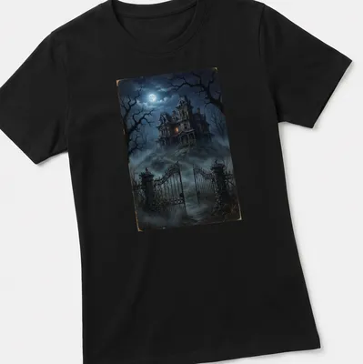 Dark fantasy haunted house illustration with moonlight in blue and orange hues — printed on a women's shirt