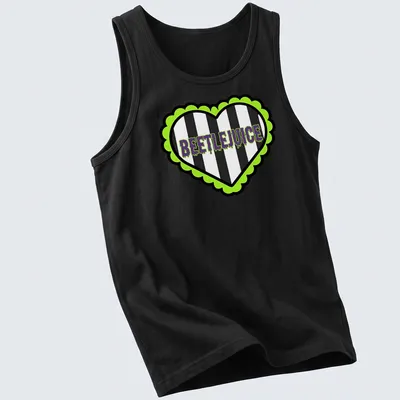 Bold graphic Beetlejuice heart t-shirt with striking lettering in green and purple — printed on a tank top