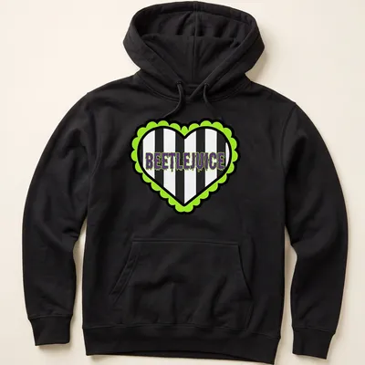 Bold graphic Beetlejuice heart t-shirt with striking lettering in green and purple — printed on a unisex hoodie