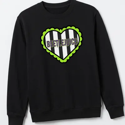 Bold graphic Beetlejuice heart t-shirt with striking lettering in green and purple — printed on a unisex sweatshirt
