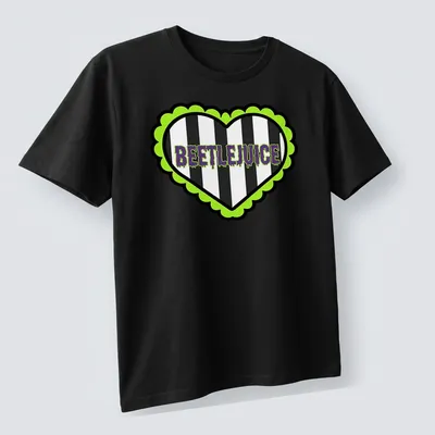 Bold graphic Beetlejuice heart t-shirt with striking lettering in green and purple — printed on a unisex t-shirt (angled view)