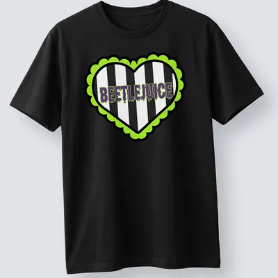 Bold graphic Beetlejuice heart t-shirt with striking lettering in green and purple