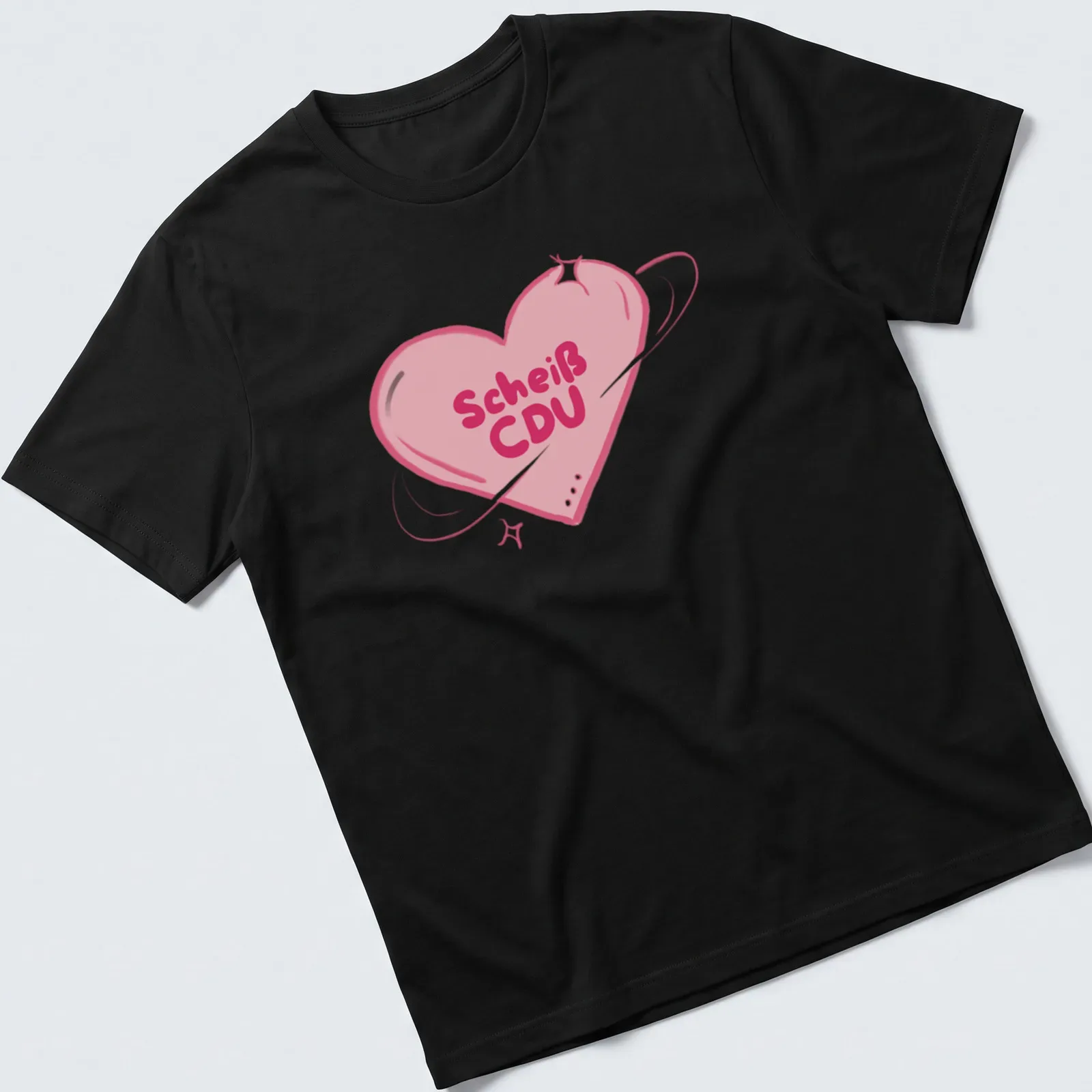Kawaii heart design featuring the text 'Scheiß CDU' in pink and dark pink — printed on a unisex t-shirt