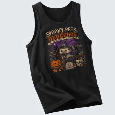 Vintage Halloween style hedgehog graphic with playful Halloween phrases — printed on a tank top