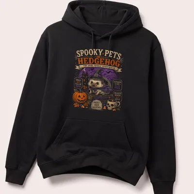 Vintage Halloween style hedgehog graphic with playful Halloween phrases — printed on a unisex hoodie