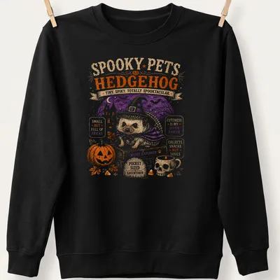 Vintage Halloween style hedgehog graphic with playful Halloween phrases — printed on a unisex sweatshirt