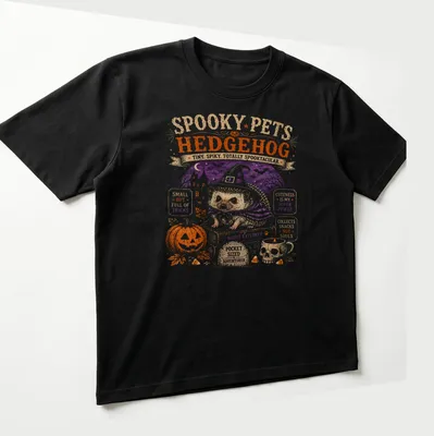 Vintage Halloween style hedgehog graphic with playful Halloween phrases — printed on a unisex t-shirt (angled view)