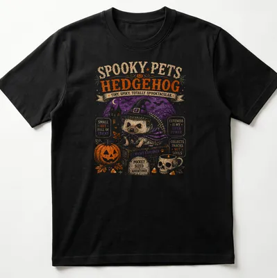 Vintage Halloween style hedgehog graphic with playful Halloween phrases