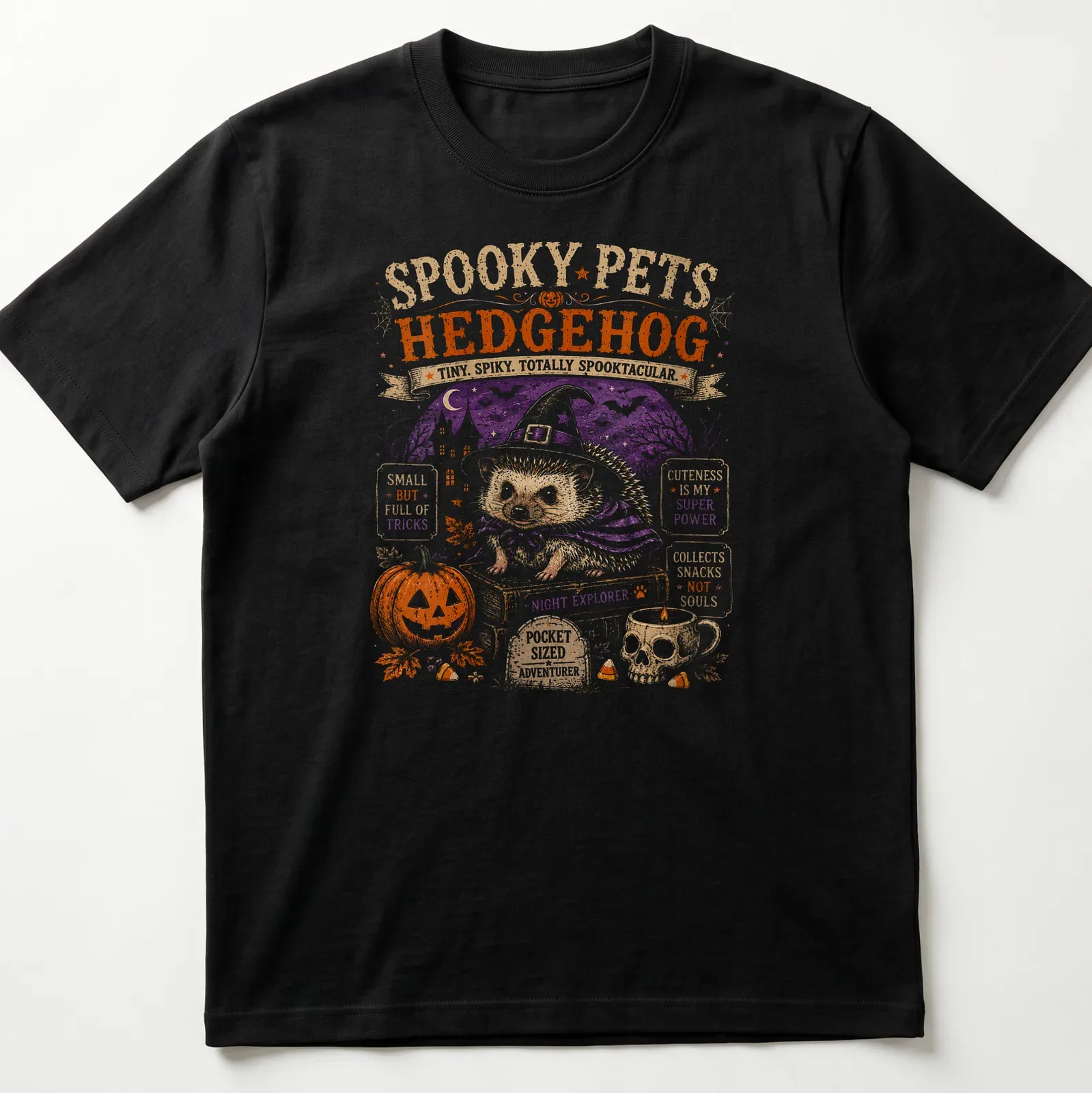 Vintage Halloween style hedgehog graphic with playful Halloween phrases — printed on a unisex t-shirt
