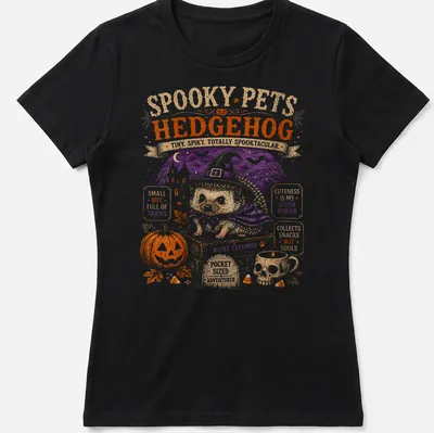 Vintage Halloween style hedgehog graphic with playful Halloween phrases — printed on a women's shirt