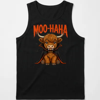 Cartoon Highland cow vampire with 'MOO-HA-HA' text, in orange and black colors — printed on a tank top