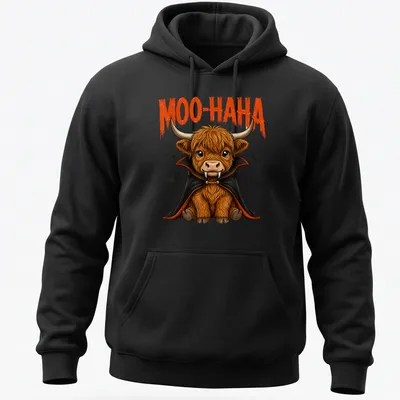 Cartoon Highland cow vampire with 'MOO-HA-HA' text, in orange and black colors — printed on a unisex hoodie