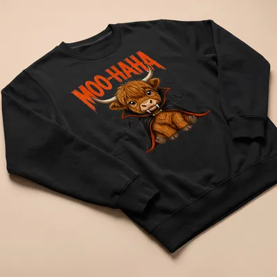 Cartoon Highland cow vampire with 'MOO-HA-HA' text, in orange and black colors — printed on a unisex sweatshirt