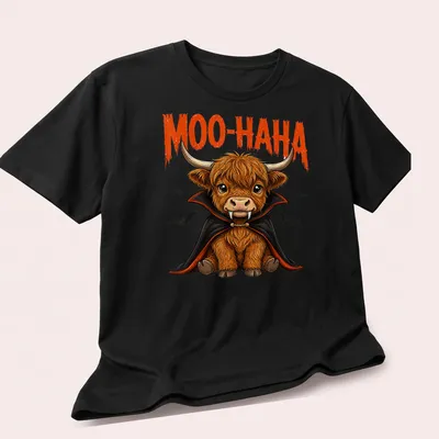 Cartoon Highland cow vampire with 'MOO-HA-HA' text, in orange and black colors — printed on a unisex t-shirt (angled view)