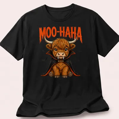 Cartoon Highland cow vampire with 'MOO-HA-HA' text, in orange and black colors