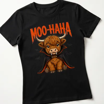 Cartoon Highland cow vampire with 'MOO-HA-HA' text, in orange and black colors — printed on a women's shirt