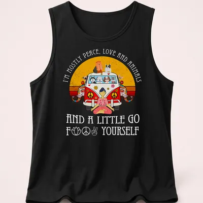 Colorful cartoon print of a hippie van with animals and a meditating person — printed on a tank top